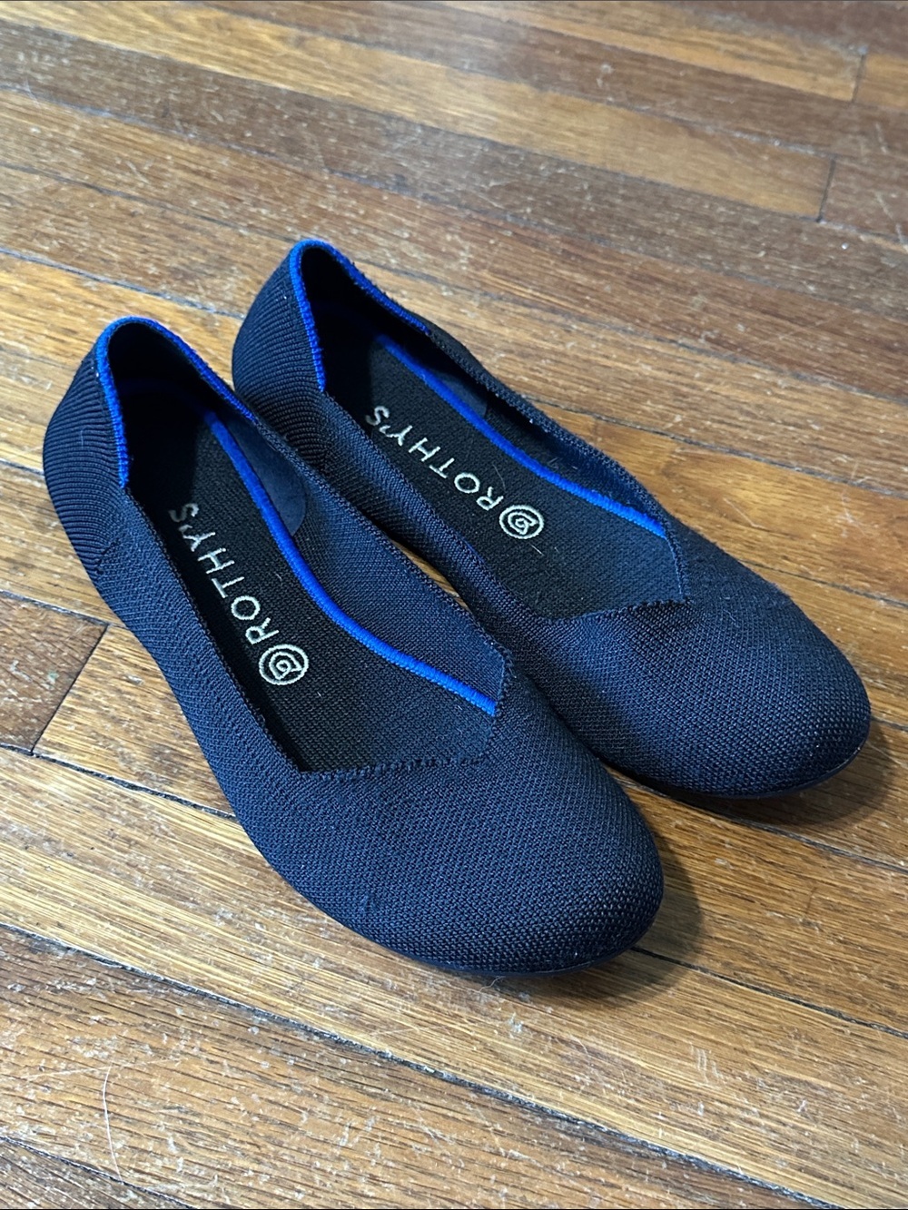 Rothy's Black Knit Slip-On Flats with Blue Trim, Sz 10